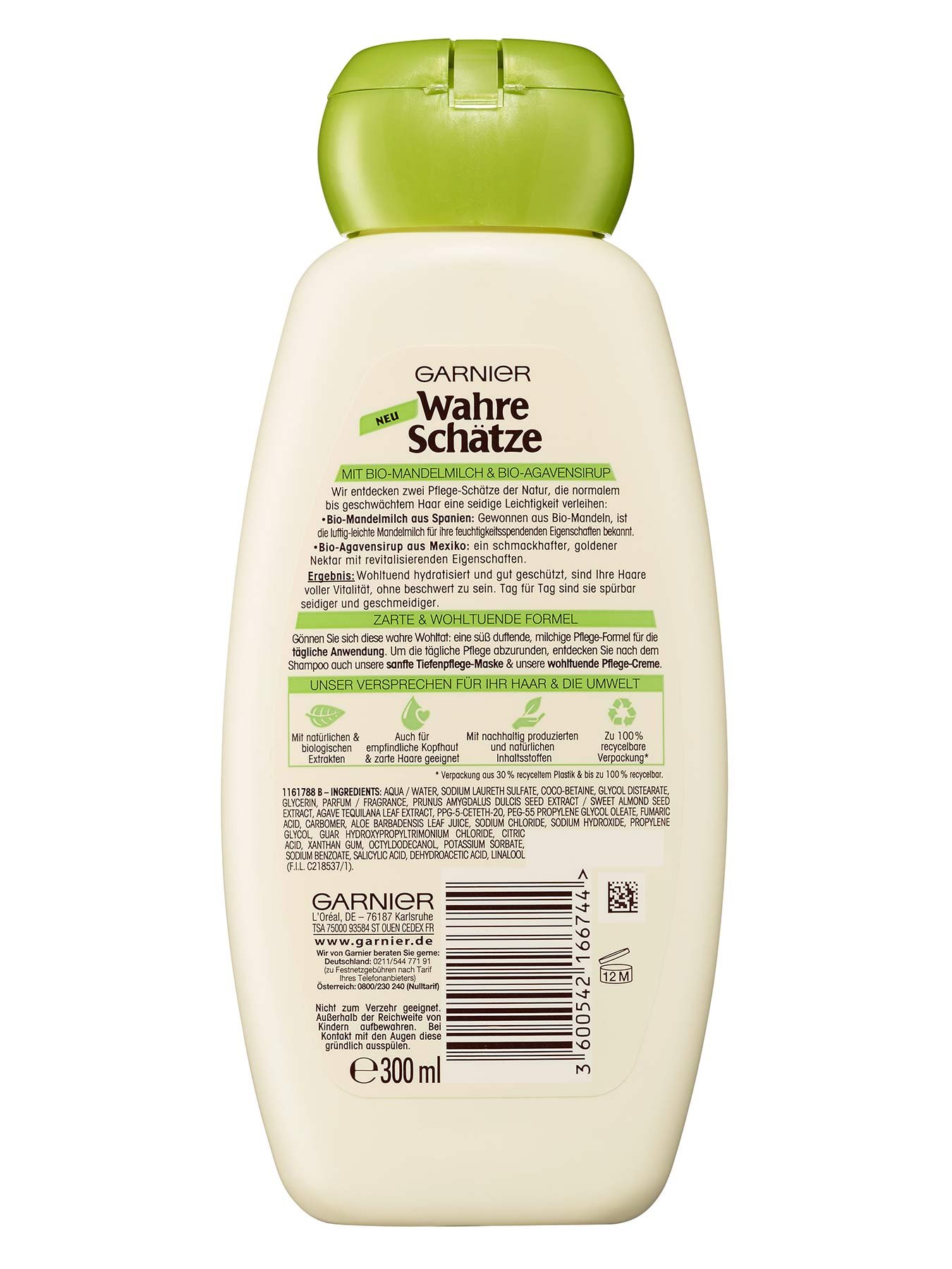 Zart-Pflegendes-Shampoo-Wahre-Schaetze-Wohltuende-Mandelmilch-300ml-Rueckseite-Garnier-De-gross